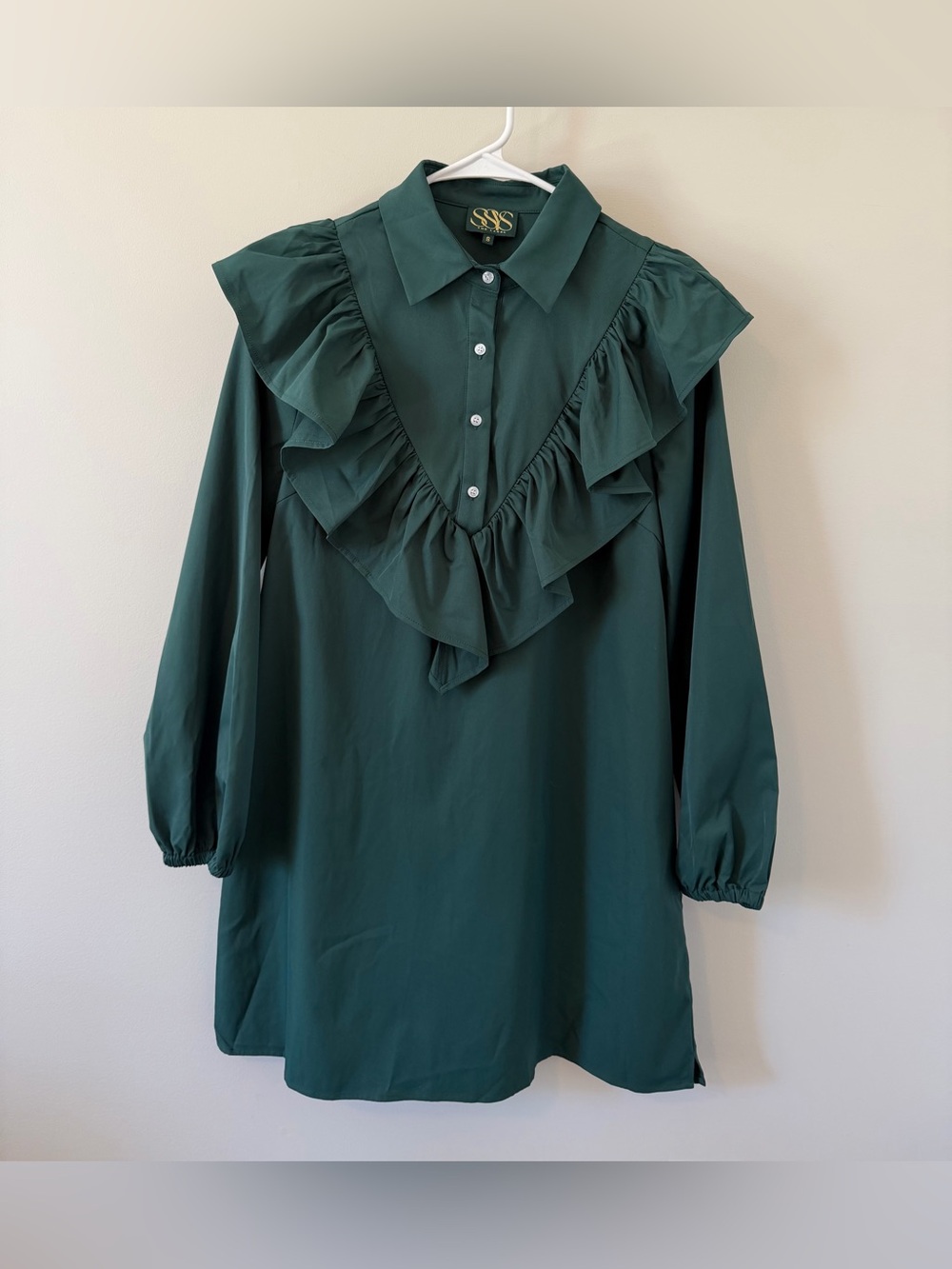 SSYS The Label Mini Dress Ruffles Dark Green Long Sleeve Size Small